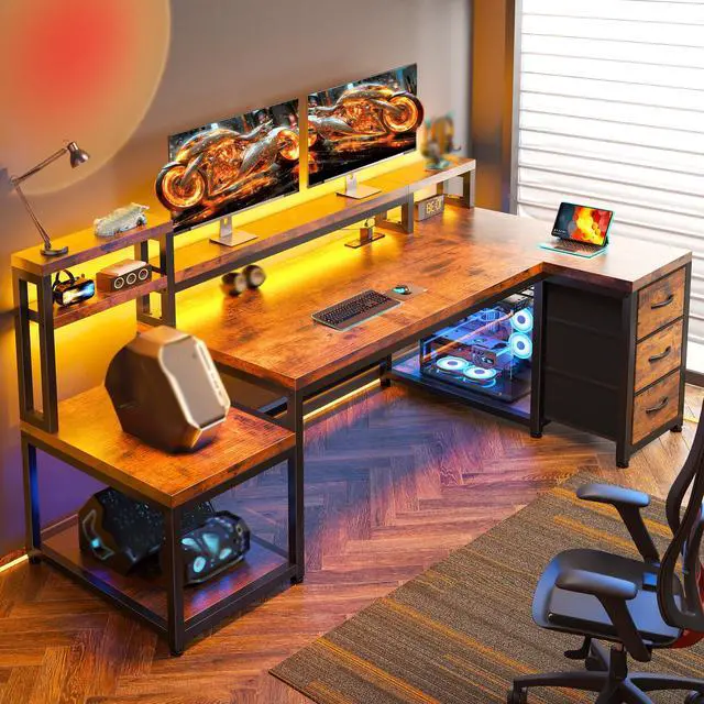 Alt view image 2 of 6 - 71 L Shaped Computer Desk with Drawers,Printer Shelf for Home Office | 3 Fabric Drawers, Printer Stand & Shelves; Organize Office and Study Supplies for Tidy Bedroom & Study Space, Rustic Brown