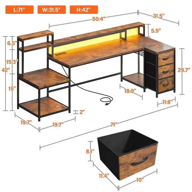 Alt view image 3 of 6 - 71 L Shaped Computer Desk with Drawers,Printer Shelf for Home Office | 3 Fabric Drawers, Printer Stand & Shelves; Organize Office and Study Supplies for Tidy Bedroom & Study Space, Rustic Brown