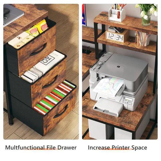 Alt view image 5 of 6 - 71 L Shaped Computer Desk with Drawers,Printer Shelf for Home Office | 3 Fabric Drawers, Printer Stand & Shelves; Organize Office and Study Supplies for Tidy Bedroom & Study Space, Rustic Brown