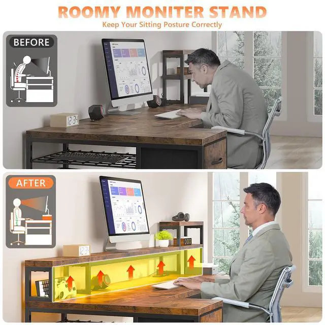 Alt view image 6 of 6 - 71 L Shaped Computer Desk with Drawers,Printer Shelf for Home Office | 3 Fabric Drawers, Printer Stand & Shelves; Organize Office and Study Supplies for Tidy Bedroom & Study Space, Rustic Brown