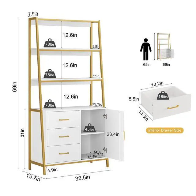 Alt view image 3 of 6 - 69" Tall Bookshelf, White Gold 4-Tier Bookcase with Wooden Drawers and Ladder Shelves, Free Standing Storage Cabinet Kitchen Bakers Rack with Microwave Oven Stand for Home Office