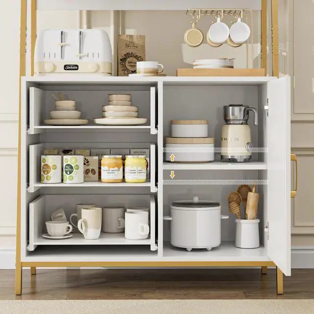 Alt view image 5 of 6 - 69" Tall Bookshelf, White Gold 4-Tier Bookcase with Wooden Drawers and Ladder Shelves, Free Standing Storage Cabinet Kitchen Bakers Rack with Microwave Oven Stand for Home Office
