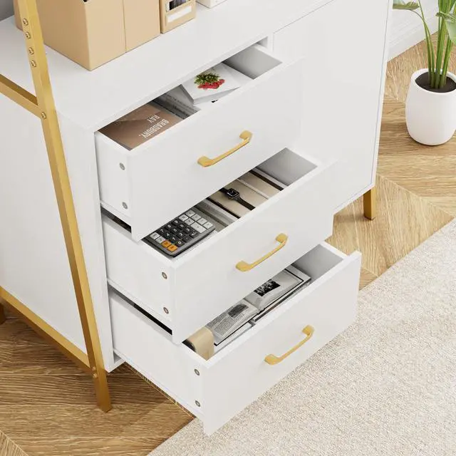 Alt view image 6 of 6 - 69" Tall Bookshelf, White Gold 4-Tier Bookcase with Wooden Drawers and Ladder Shelves, Free Standing Storage Cabinet Kitchen Bakers Rack with Microwave Oven Stand for Home Office