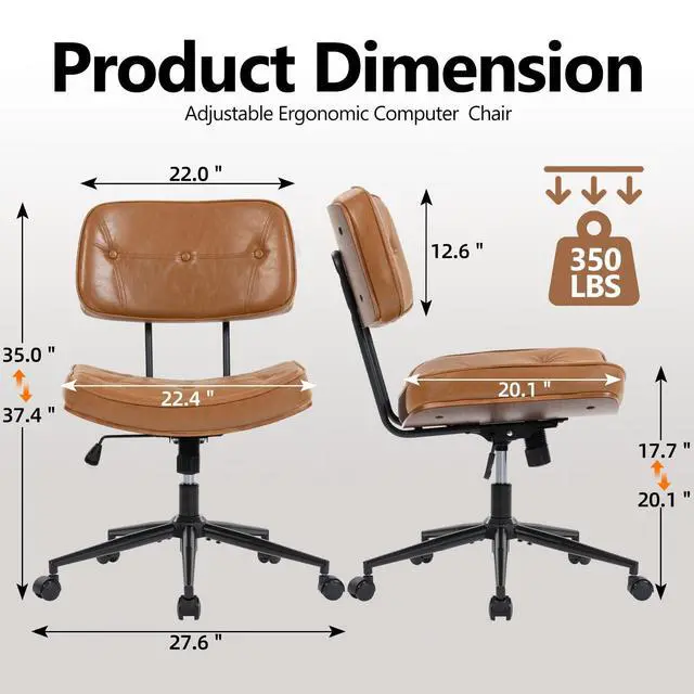 Alt view image 2 of 6 - Walnut Armless Modern Office Desk Chair with Wheels, PU Leather Adjustable Height Swivel Rolling Task Chair, Ergonomic Criss Cross Legged Computer Chair (Brown)