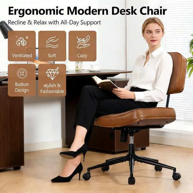 Alt view image 3 of 6 - Walnut Armless Modern Office Desk Chair with Wheels, PU Leather Adjustable Height Swivel Rolling Task Chair, Ergonomic Criss Cross Legged Computer Chair (Brown)