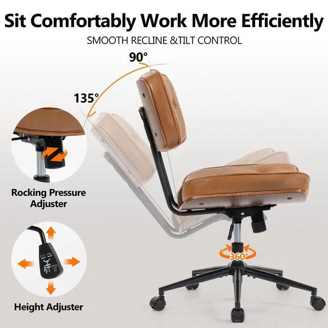 Alt view image 4 of 6 - Walnut Armless Modern Office Desk Chair with Wheels, PU Leather Adjustable Height Swivel Rolling Task Chair, Ergonomic Criss Cross Legged Computer Chair (Brown)