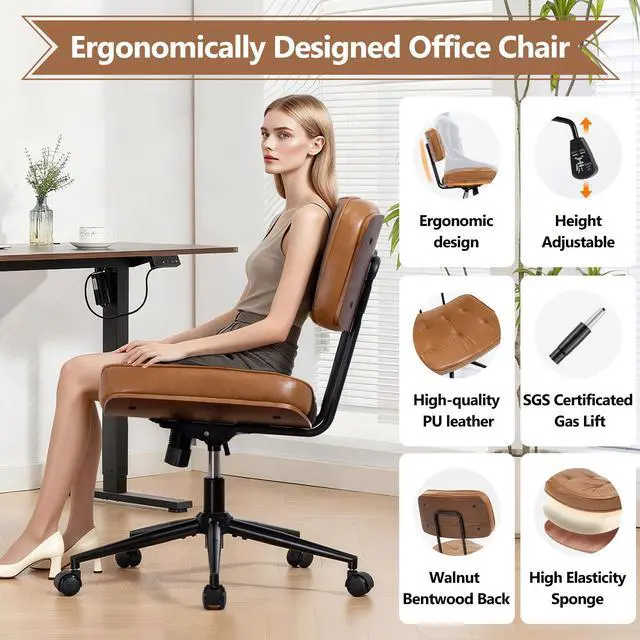 Alt view image 5 of 6 - Walnut Armless Modern Office Desk Chair with Wheels, PU Leather Adjustable Height Swivel Rolling Task Chair, Ergonomic Criss Cross Legged Computer Chair (Brown)