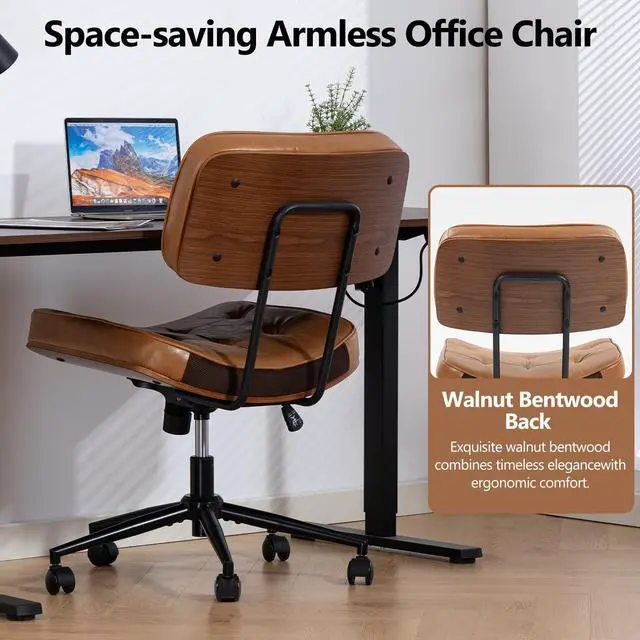 Alt view image 6 of 6 - Walnut Armless Modern Office Desk Chair with Wheels, PU Leather Adjustable Height Swivel Rolling Task Chair, Ergonomic Criss Cross Legged Computer Chair (Brown)