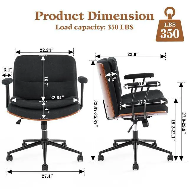 Alt view image 2 of 6 - Home Office Desk Chair with Armrests & Wheels, Modern Walnut Swivel Rolling Executive Task Chair, Height Adjustable Ergonomic Computer Chair, Black Fabric