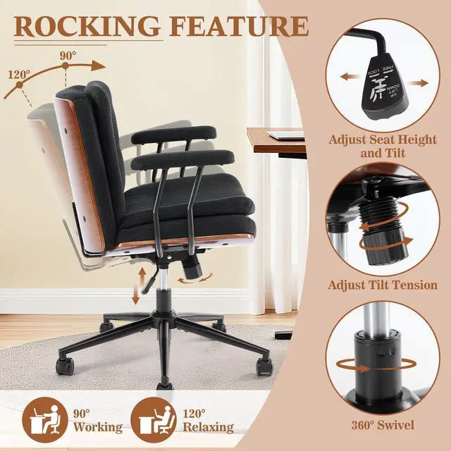 Alt view image 3 of 6 - Home Office Desk Chair with Armrests & Wheels, Modern Walnut Swivel Rolling Executive Task Chair, Height Adjustable Ergonomic Computer Chair, Black Fabric