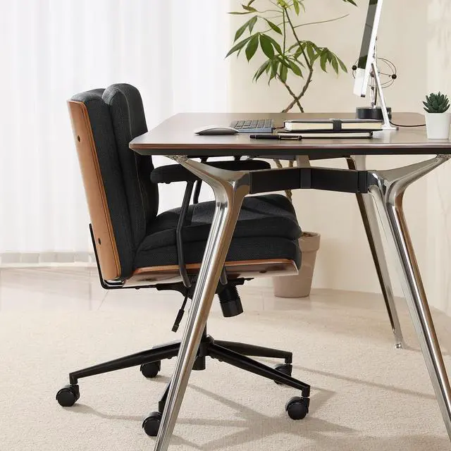 Alt view image 4 of 6 - Home Office Desk Chair with Armrests & Wheels, Modern Walnut Swivel Rolling Executive Task Chair, Height Adjustable Ergonomic Computer Chair, Black Fabric