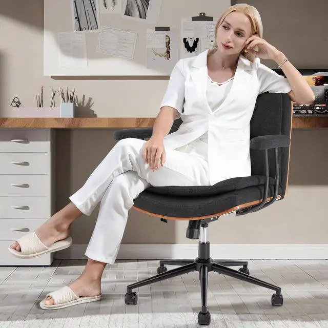 Alt view image 5 of 6 - Home Office Desk Chair with Armrests & Wheels, Modern Walnut Swivel Rolling Executive Task Chair, Height Adjustable Ergonomic Computer Chair, Black Fabric