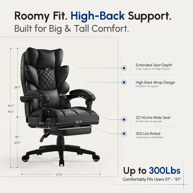 Alt view image 2 of 6 - Big and Tall Office Chair with Pocket Spring Cushion,High Back Computer Gaming Chairs with Linkage Armrests,Executive Desk Chairs with Footrest,PU Leather-Black