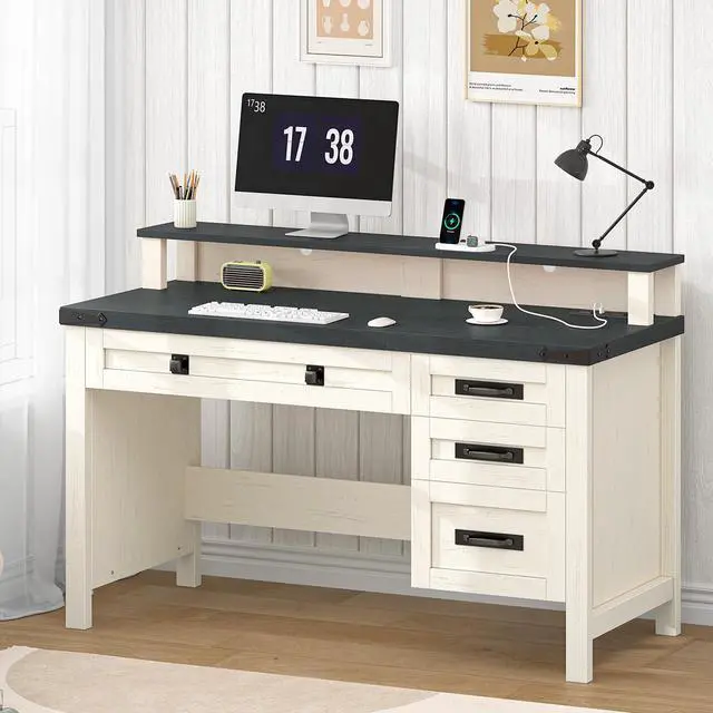 Main image of Farmhouse Computer Desk with Drawers, 47" Small Computer Desk with Power Outlets, Home Office Desk with Monitor Stand & 4 Drawers, Writing Study Table, Black & White
