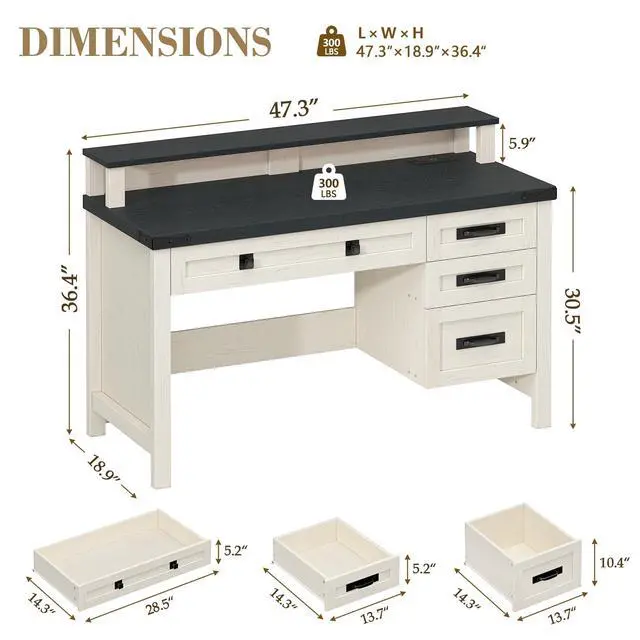 Alt view image 2 of 6 - Farmhouse Computer Desk with Drawers, 47" Small Computer Desk with Power Outlets, Home Office Desk with Monitor Stand & 4 Drawers, Writing Study Table, Black & White