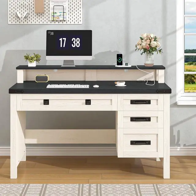 Alt view image 3 of 6 - Farmhouse Computer Desk with Drawers, 47" Small Computer Desk with Power Outlets, Home Office Desk with Monitor Stand & 4 Drawers, Writing Study Table, Black & White