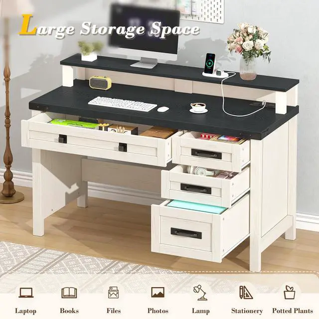 Alt view image 4 of 6 - Farmhouse Computer Desk with Drawers, 47" Small Computer Desk with Power Outlets, Home Office Desk with Monitor Stand & 4 Drawers, Writing Study Table, Black & White