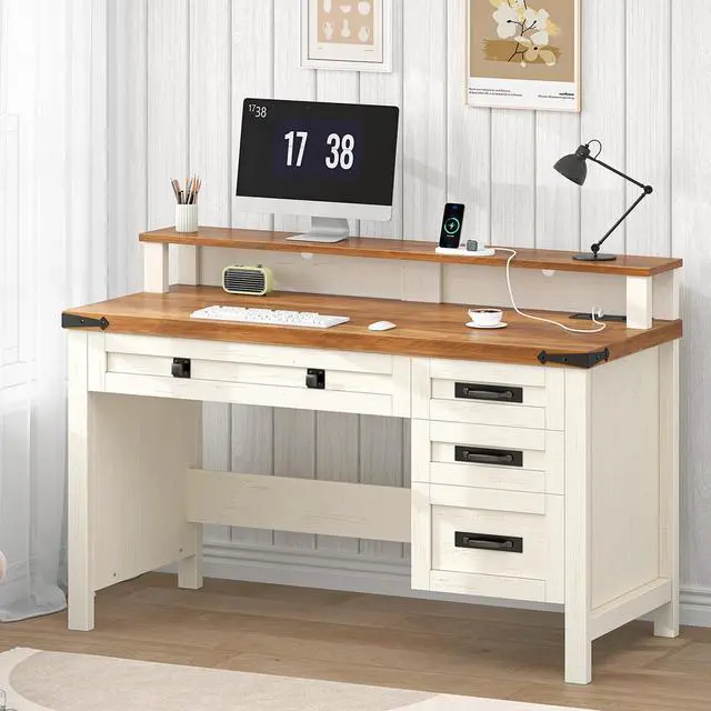 Main image of Farmhouse Executive Desk with Drawers, 47" Computer Desk with Power Outlets, Home Office Desk with Monitor Stand & 4 Drawers, Small Desk Writing Study Table, Antique White
