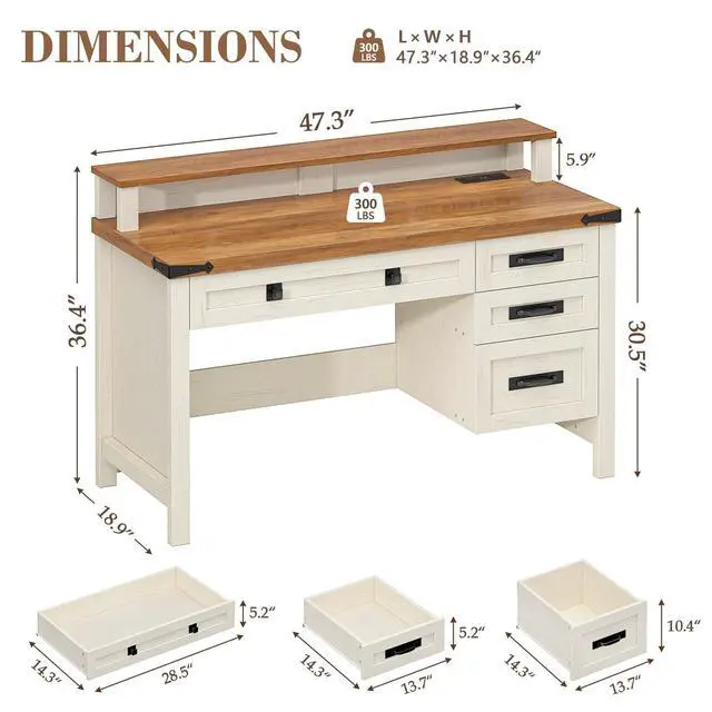Alt view image 2 of 6 - Farmhouse Executive Desk with Drawers, 47" Computer Desk with Power Outlets, Home Office Desk with Monitor Stand & 4 Drawers, Small Desk Writing Study Table, Antique White