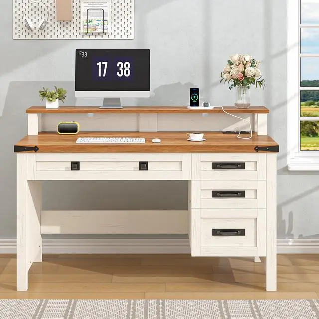 Alt view image 3 of 6 - Farmhouse Executive Desk with Drawers, 47" Computer Desk with Power Outlets, Home Office Desk with Monitor Stand & 4 Drawers, Small Desk Writing Study Table, Antique White