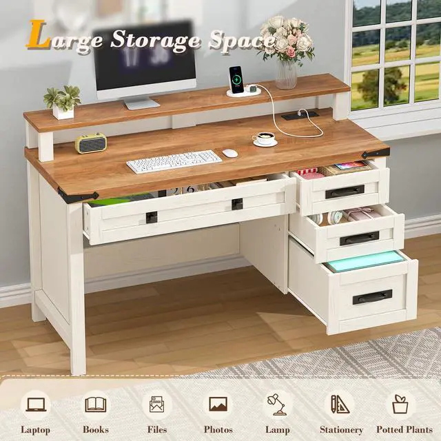 Alt view image 4 of 6 - Farmhouse Executive Desk with Drawers, 47" Computer Desk with Power Outlets, Home Office Desk with Monitor Stand & 4 Drawers, Small Desk Writing Study Table, Antique White