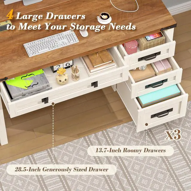 Alt view image 5 of 6 - Farmhouse Executive Desk with Drawers, 47" Computer Desk with Power Outlets, Home Office Desk with Monitor Stand & 4 Drawers, Small Desk Writing Study Table, Antique White