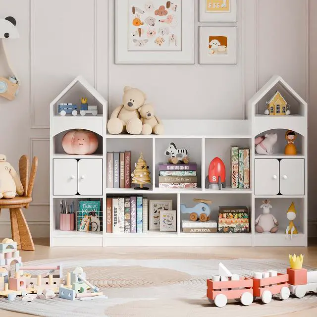 Main image of Castle Shape Children's Bookshelf, Kids Bookcase Display Case Kids Toy Storage Organizer Multifunctional Storage Cabinet Bookshelf Suitable for Playroom, Children's Room, Living Room, White