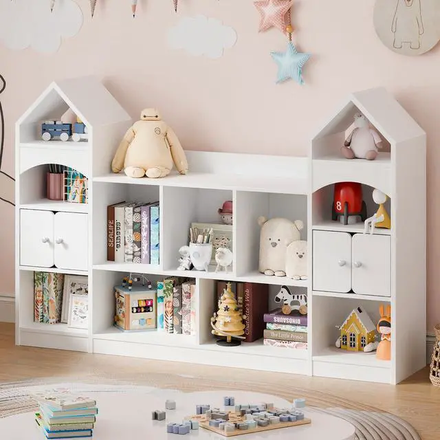 Alt view image 3 of 6 - Castle Shape Children's Bookshelf, Kids Bookcase Display Case Kids Toy Storage Organizer Multifunctional Storage Cabinet Bookshelf Suitable for Playroom, Children's Room, Living Room, White