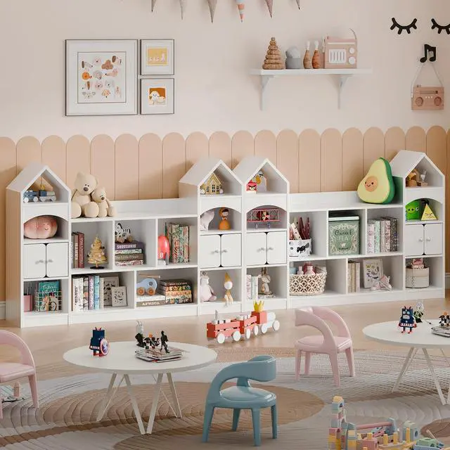Alt view image 4 of 6 - Castle Shape Children's Bookshelf, Kids Bookcase Display Case Kids Toy Storage Organizer Multifunctional Storage Cabinet Bookshelf Suitable for Playroom, Children's Room, Living Room, White