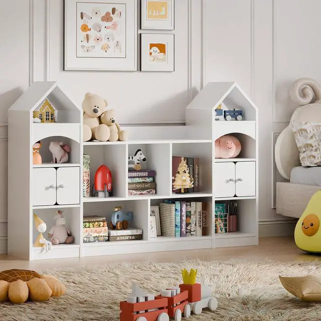 Alt view image 5 of 6 - Castle Shape Children's Bookshelf, Kids Bookcase Display Case Kids Toy Storage Organizer Multifunctional Storage Cabinet Bookshelf Suitable for Playroom, Children's Room, Living Room, White