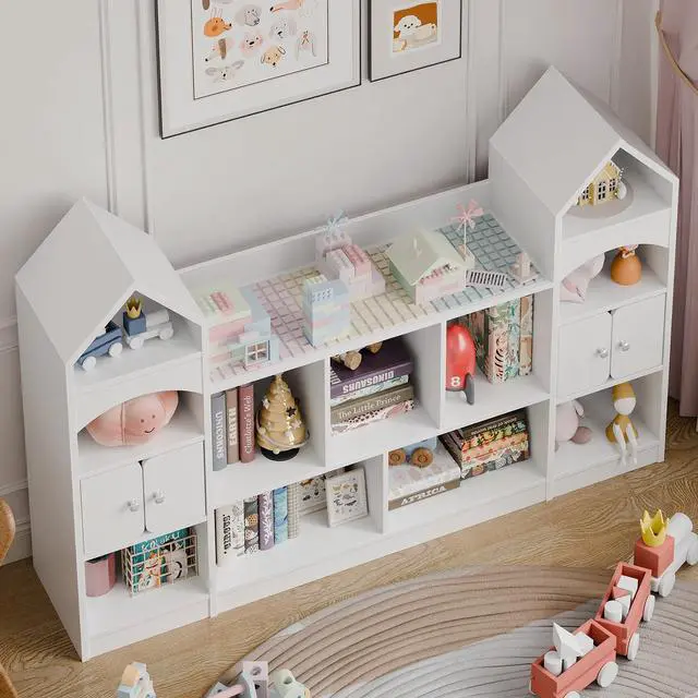Alt view image 6 of 6 - Castle Shape Children's Bookshelf, Kids Bookcase Display Case Kids Toy Storage Organizer Multifunctional Storage Cabinet Bookshelf Suitable for Playroom, Children's Room, Living Room, White