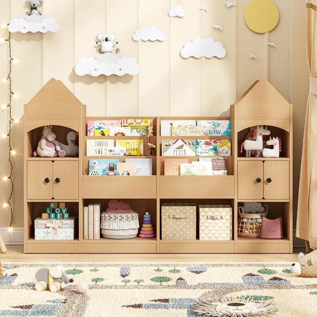 Main image of Castle Shape Children's Bookshelf, Kids Bookcase Display Case Kids Toy Storage Organizer Multifunctional Storage Cabinet Bookshelf Suitable for Playroom, Children's Room, Living Room, Oak