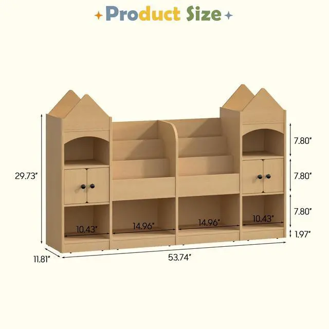 Alt view image 2 of 6 - Castle Shape Children's Bookshelf, Kids Bookcase Display Case Kids Toy Storage Organizer Multifunctional Storage Cabinet Bookshelf Suitable for Playroom, Children's Room, Living Room, Oak