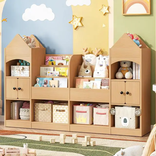 Alt view image 3 of 6 - Castle Shape Children's Bookshelf, Kids Bookcase Display Case Kids Toy Storage Organizer Multifunctional Storage Cabinet Bookshelf Suitable for Playroom, Children's Room, Living Room, Oak