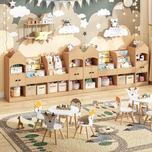 Alt view image 4 of 6 - Castle Shape Children's Bookshelf, Kids Bookcase Display Case Kids Toy Storage Organizer Multifunctional Storage Cabinet Bookshelf Suitable for Playroom, Children's Room, Living Room, Oak