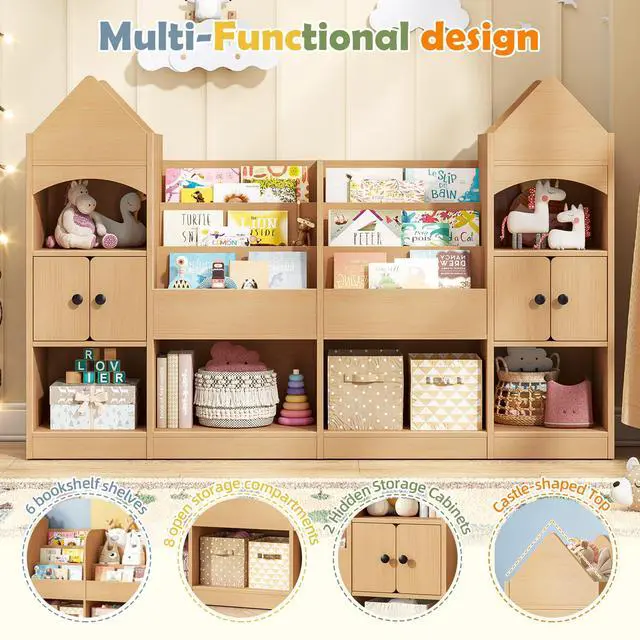 Alt view image 5 of 6 - Castle Shape Children's Bookshelf, Kids Bookcase Display Case Kids Toy Storage Organizer Multifunctional Storage Cabinet Bookshelf Suitable for Playroom, Children's Room, Living Room, Oak