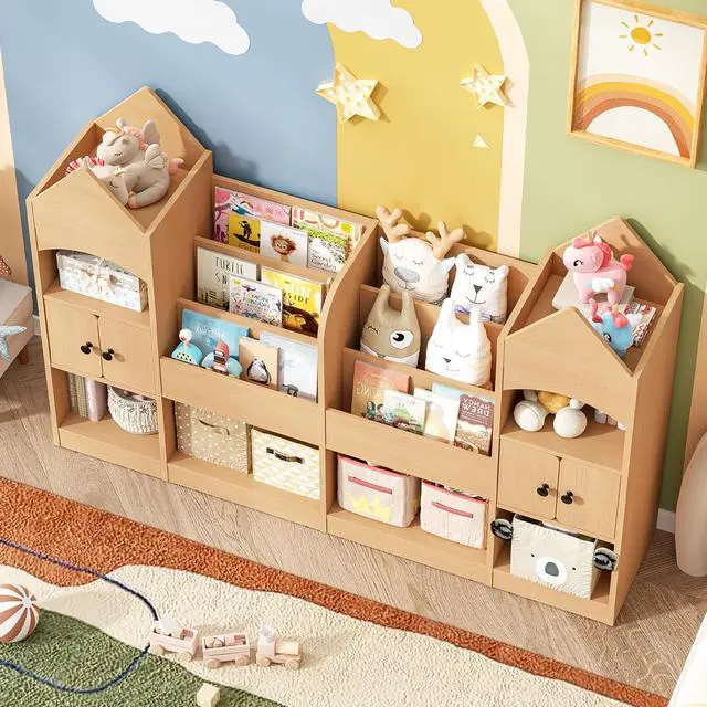 Alt view image 6 of 6 - Castle Shape Children's Bookshelf, Kids Bookcase Display Case Kids Toy Storage Organizer Multifunctional Storage Cabinet Bookshelf Suitable for Playroom, Children's Room, Living Room, Oak