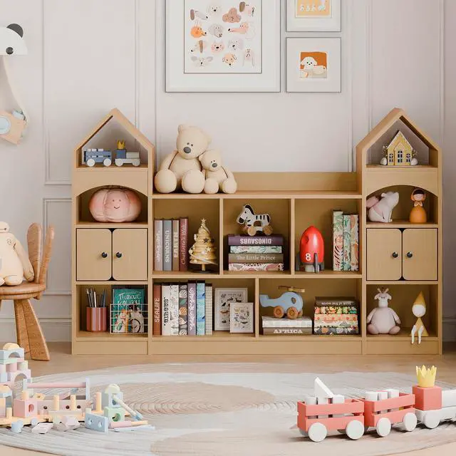 Main image of Castle Shape Children's Bookshelf, Kids Bookcase Display Case Kids Toy Storage Organizer Multifunctional Storage Cabinet Bookshelf Suitable for Playroom, Children's Room, Living Room, Oak