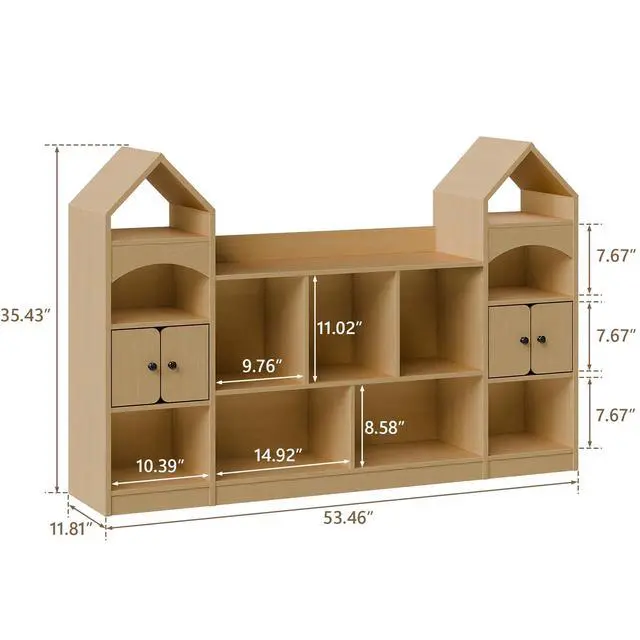 Alt view image 2 of 6 - Castle Shape Children's Bookshelf, Kids Bookcase Display Case Kids Toy Storage Organizer Multifunctional Storage Cabinet Bookshelf Suitable for Playroom, Children's Room, Living Room, Oak
