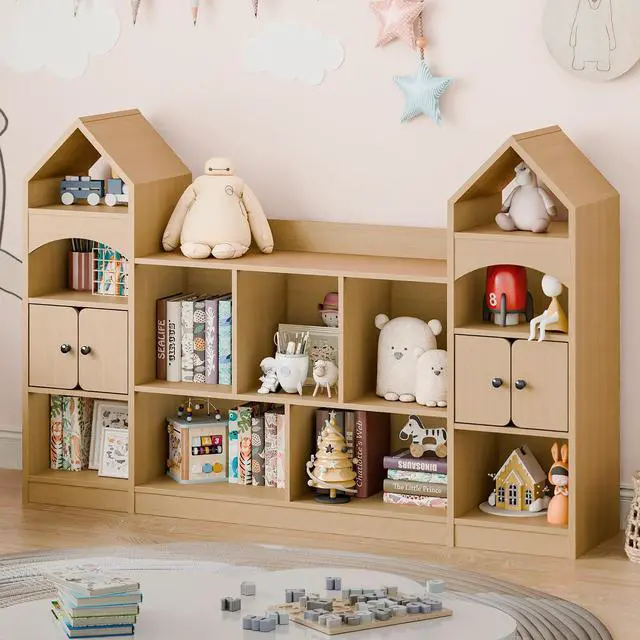 Alt view image 3 of 6 - Castle Shape Children's Bookshelf, Kids Bookcase Display Case Kids Toy Storage Organizer Multifunctional Storage Cabinet Bookshelf Suitable for Playroom, Children's Room, Living Room, Oak