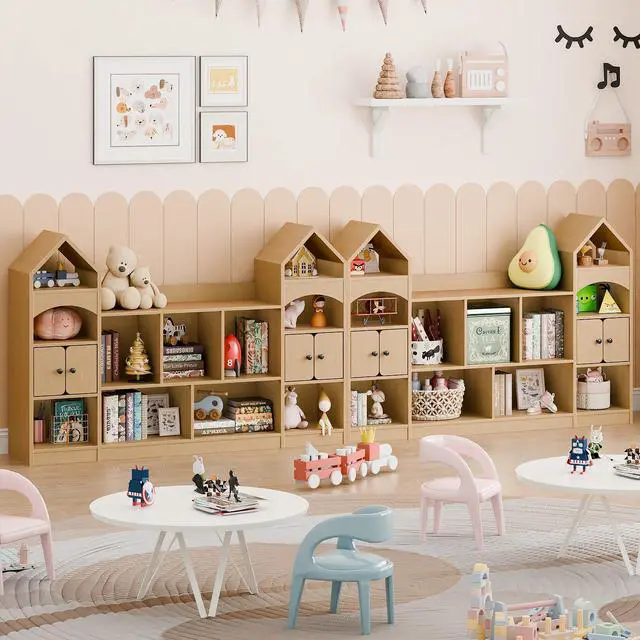 Alt view image 4 of 6 - Castle Shape Children's Bookshelf, Kids Bookcase Display Case Kids Toy Storage Organizer Multifunctional Storage Cabinet Bookshelf Suitable for Playroom, Children's Room, Living Room, Oak