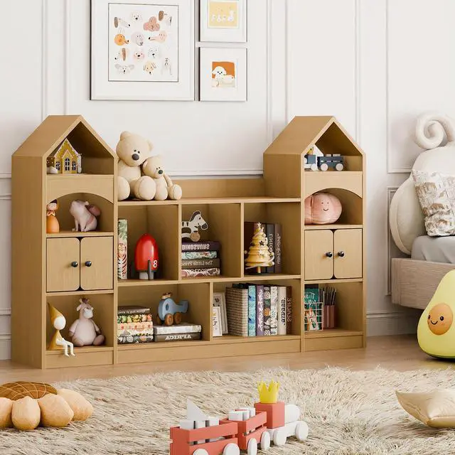 Alt view image 5 of 6 - Castle Shape Children's Bookshelf, Kids Bookcase Display Case Kids Toy Storage Organizer Multifunctional Storage Cabinet Bookshelf Suitable for Playroom, Children's Room, Living Room, Oak