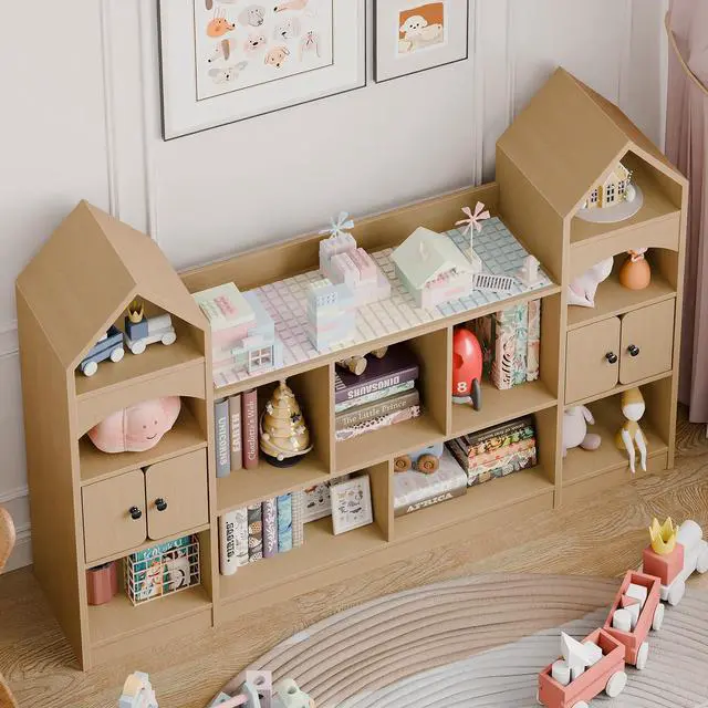Alt view image 6 of 6 - Castle Shape Children's Bookshelf, Kids Bookcase Display Case Kids Toy Storage Organizer Multifunctional Storage Cabinet Bookshelf Suitable for Playroom, Children's Room, Living Room, Oak