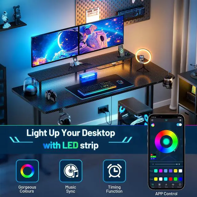 Alt view image 6 of 6 - 55 Inch Gaming Desk with LED Lights & Cable Management, Black | Ergonomic carbon fiber gaming computer desk with 5 sockets, monitor stand, cup holder, headphone hook & mouse pad for gamers