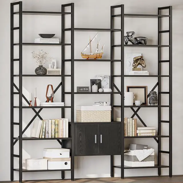 Main image of 70x78 Triple 6 Tier Book Shelf, Industrial Large Bookcase with Storage Cabinet, Tall Bookshelf with 16 Open Display Shelves Metal Frame Furniture for Living Room Bedroom Home Office Black