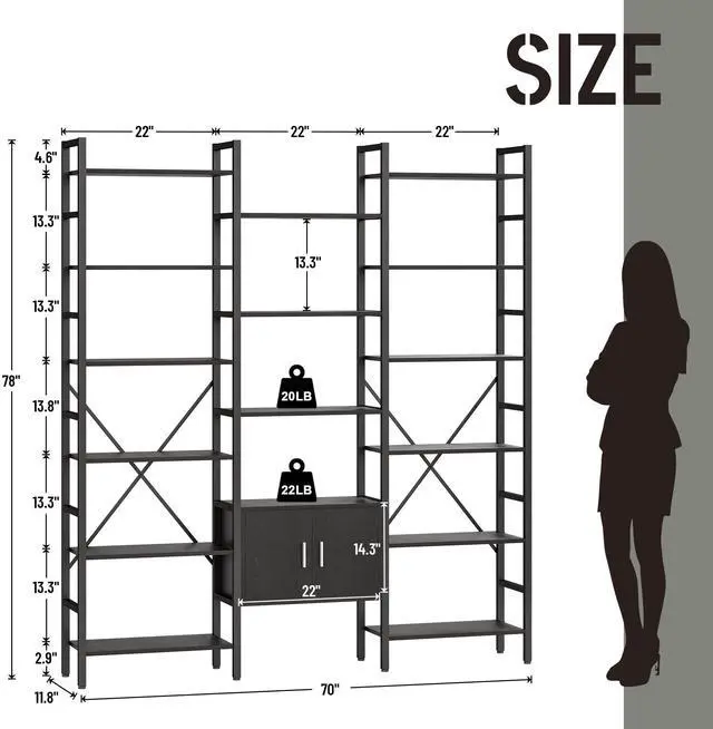Alt view image 2 of 6 - 70x78 Triple 6 Tier Book Shelf, Industrial Large Bookcase with Storage Cabinet, Tall Bookshelf with 16 Open Display Shelves Metal Frame Furniture for Living Room Bedroom Home Office Black