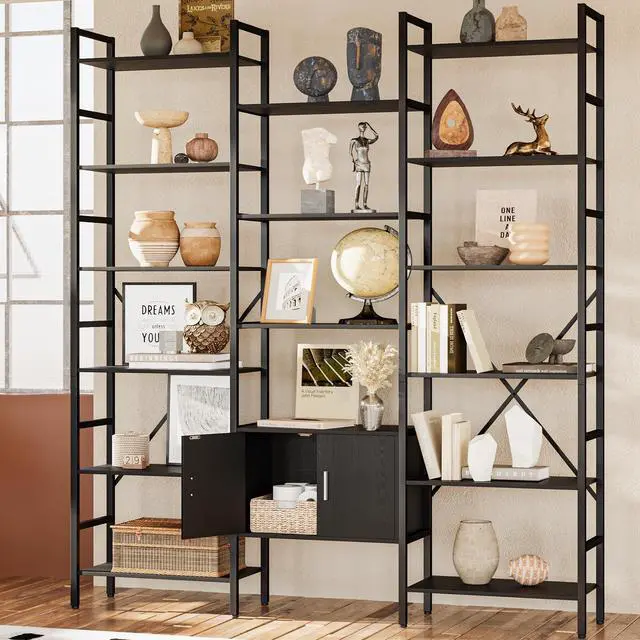Alt view image 3 of 6 - 70x78 Triple 6 Tier Book Shelf, Industrial Large Bookcase with Storage Cabinet, Tall Bookshelf with 16 Open Display Shelves Metal Frame Furniture for Living Room Bedroom Home Office Black