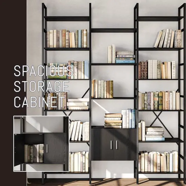 Alt view image 4 of 6 - 70x78 Triple 6 Tier Book Shelf, Industrial Large Bookcase with Storage Cabinet, Tall Bookshelf with 16 Open Display Shelves Metal Frame Furniture for Living Room Bedroom Home Office Black