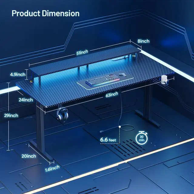 Alt view image 3 of 6 - 63 Inch Gaming Desk with LED Lights & Cable Management, Black | Ergonomic carbon fiber gaming computer desk with 5 sockets, monitor stand, cup holder, headphone hook & mouse pad for gamers