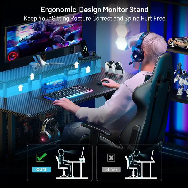 Alt view image 5 of 6 - 63 Inch Gaming Desk with LED Lights & Cable Management, Black | Ergonomic carbon fiber gaming computer desk with 5 sockets, monitor stand, cup holder, headphone hook & mouse pad for gamers